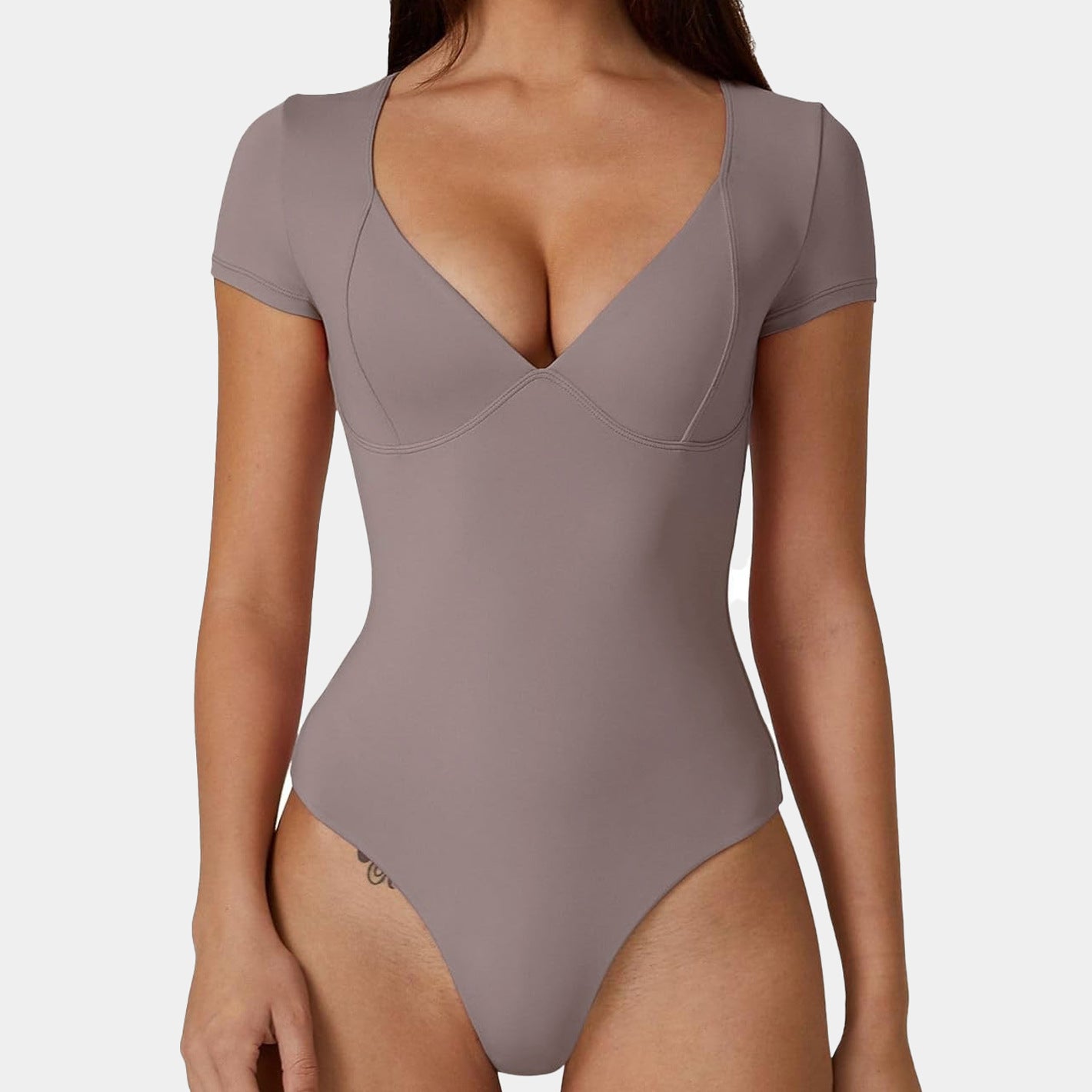 Women s V Neck Short Sleeve Bodysuit with Built in Cups Quick Dry Form Fitting and Stunning Back Design for Effortless Style