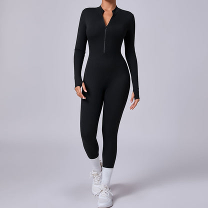 Sleek Half Zip Yoga Bodysuit with Finger Holes Slim Fit No Padding Sportswear for Enhanced Comfort and Flexibility Model 5025