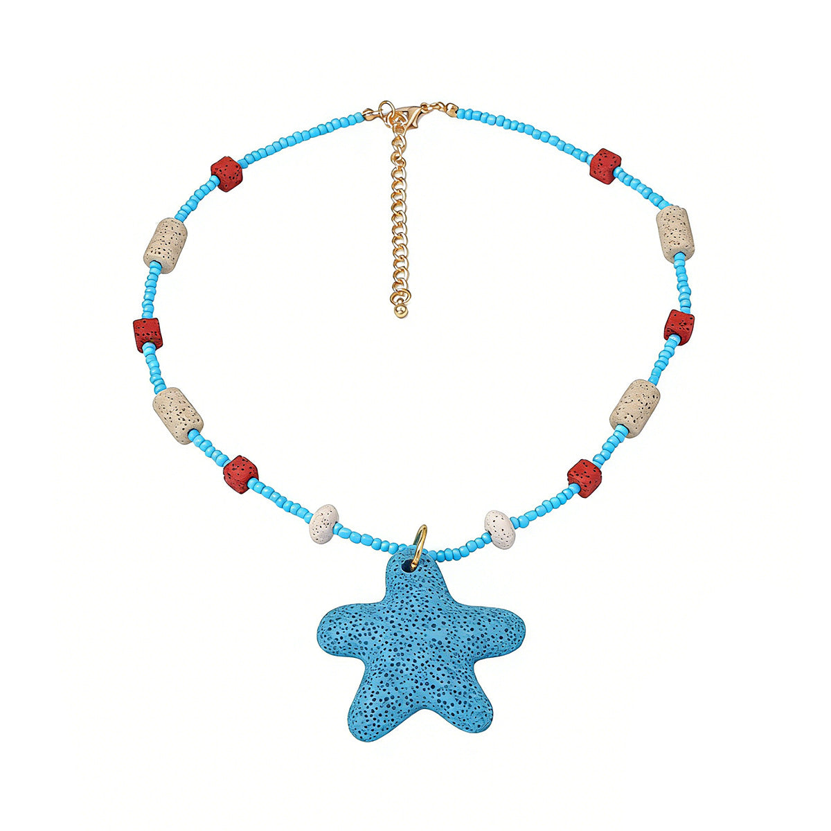 Stylish Summer Beach-Inspired 3D Volcanic Stone Starfish and Fish Beaded Necklace for Women – Perfect Accessory for Vacations