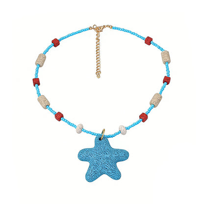 Stylish Summer Beach-Inspired 3D Volcanic Stone Starfish and Fish Beaded Necklace for Women – Perfect Accessory for Vacations