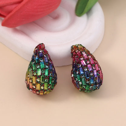 Trendy Droplet Gradient Colored Glass Ear Studs with Full Sparkling Crystals - Chic, Versatile, and Elegant Jewelry for Every Occasion
