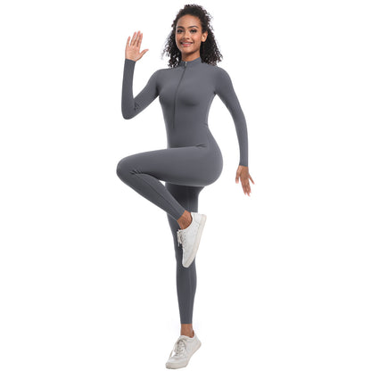 Women's Long Sleeve Zippered Bodysuit Figure Flattering Yoga Workout Jumpsuit for Enhanced Curves for Running and Fitness