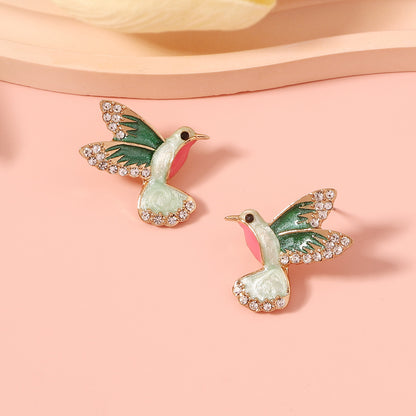 Elegant Vintage Style Enamel Bird Drop Earrings for Women - Unique Alloy Design with Sparkling Rhinestones