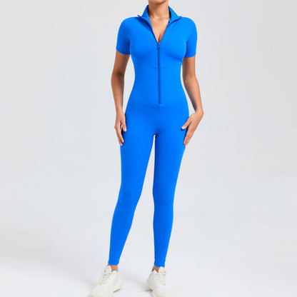 High Compression Zippered Short Sleeve Yoga Jumpsuit for Women Sculpting Bodysuit for Outdoor Fitness Active Wear Model 50320