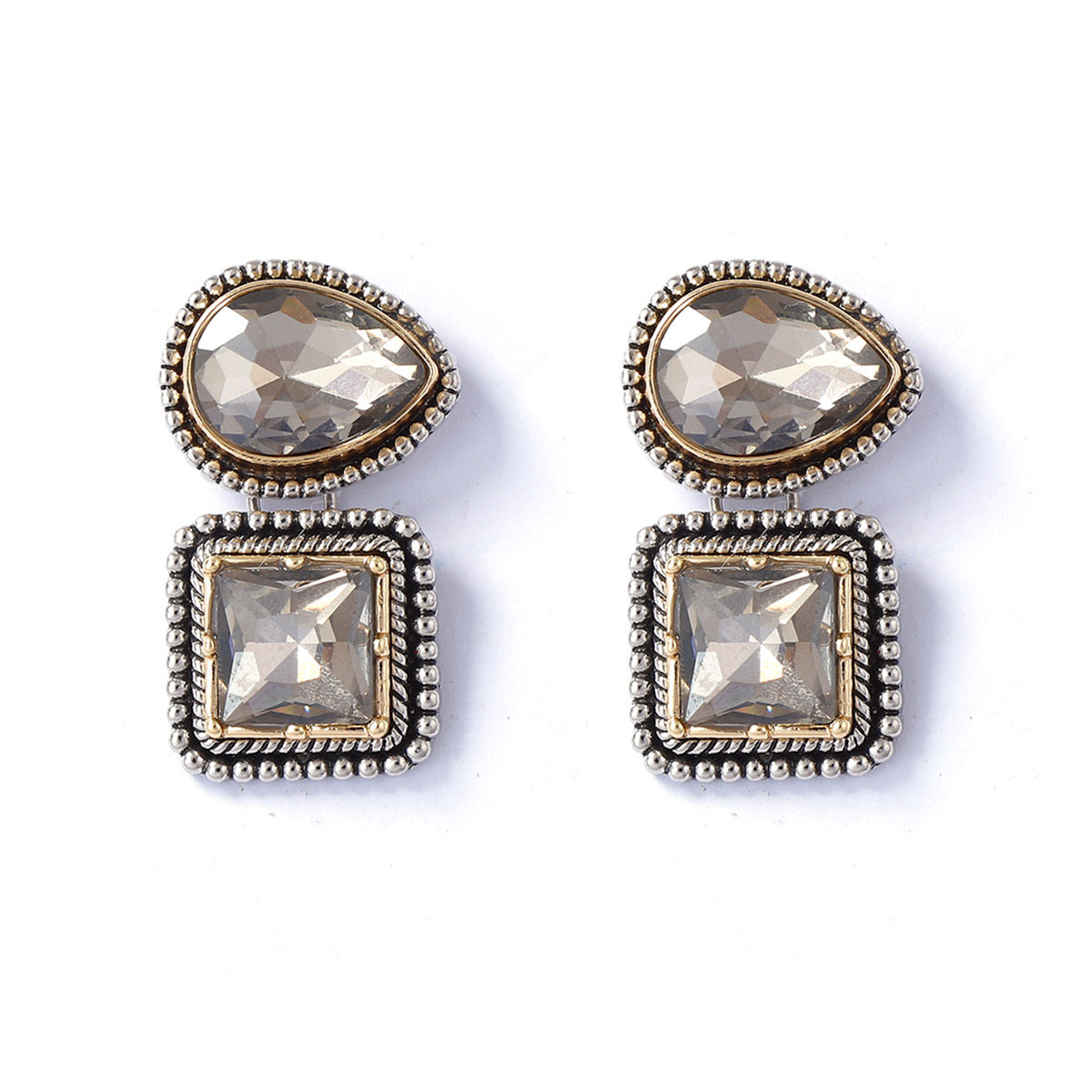 Elegant Vintage-Style Alloy Geometric Quadrilateral Pendant Earrings with Sparkling Rhinestones - Versatile Everyday Accessories for Women