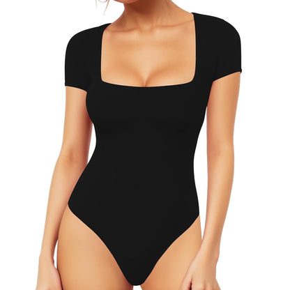 Women's Short Sleeve Bodysuit with Square Neck Sleek Fitness Outfit for a Flattering Look and Unmatched Comfort