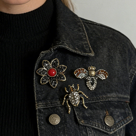 Exquisite Vintage-Inspired Alloy Flower & Insect Brooch Set - Stunning Three-Piece Accessory for Effortless Style and Versatility
