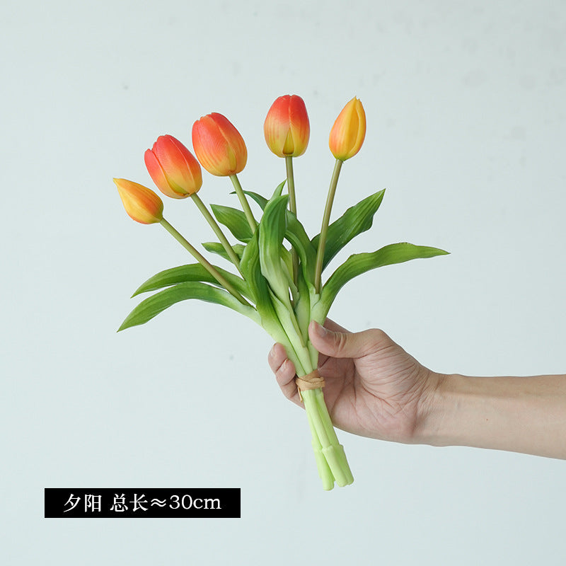 Realistic 5-Head Tulip Bouquet - Soft Touch Artificial Flowers Perfect for Scandinavian Home Decor, Elegant Faux Flower Arrangement