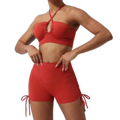 Women's Spring Summer Quick Dry Yoga Set Cut Out Strappy Back Activewear with Adjustable Drawstring and Butt Lift Shorts for and Performance