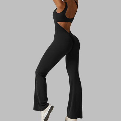 Solid Color High Waisted Yoga Jumpsuit with Flared Legs for Dance Fitness and Everyday Wear