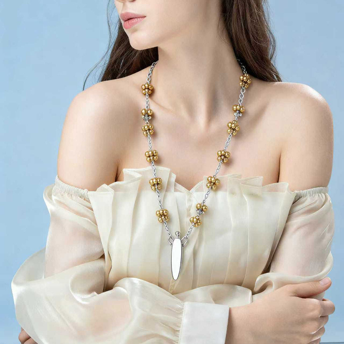 Chic Minimalist Alloy Water Drop Pendant Necklace with Unique Floral Chain – Perfect for Fall/Winter Women's Fashion