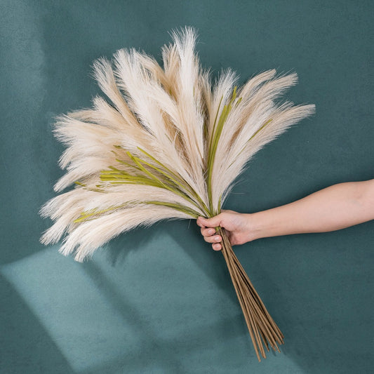 Realistic Pampas Grass Faux Flower Bouquet - Elegant Home Décor with Wooden Handle, Perfect for Floral Arrangements, Rustic Weddings & Special Occasions - MW09987