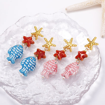 Charming Summer Ocean Breeze Earrings Featuring Sweet and Cute Fish and Starfish Designs - Versatile Women's Jewelry for Every Occasion