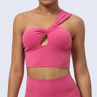 One Shoulder Ruched Cut Out Yoga Top with Removable Padding Irregular Sports Bra for Dance Training and Fitness Workouts for Women