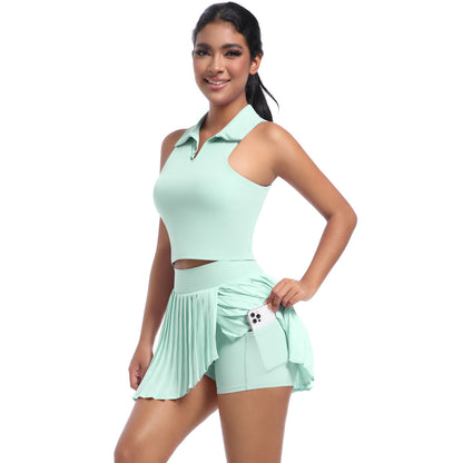 Breezy Solid Color Polo Style Vest with Pleated Mini Skirt Set for Running Fitness and Yoga Workouts