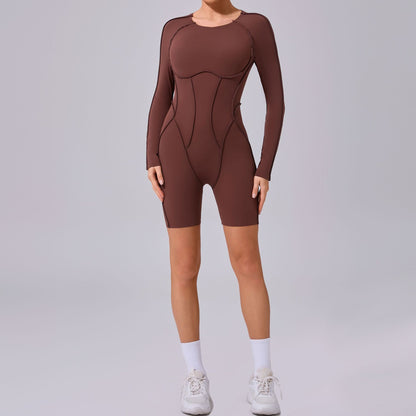 Women's Long Sleeve Round Neck Spliced Bodysuit with 3D Stitching Open Back Fitness and Yoga Apparel Model 24102