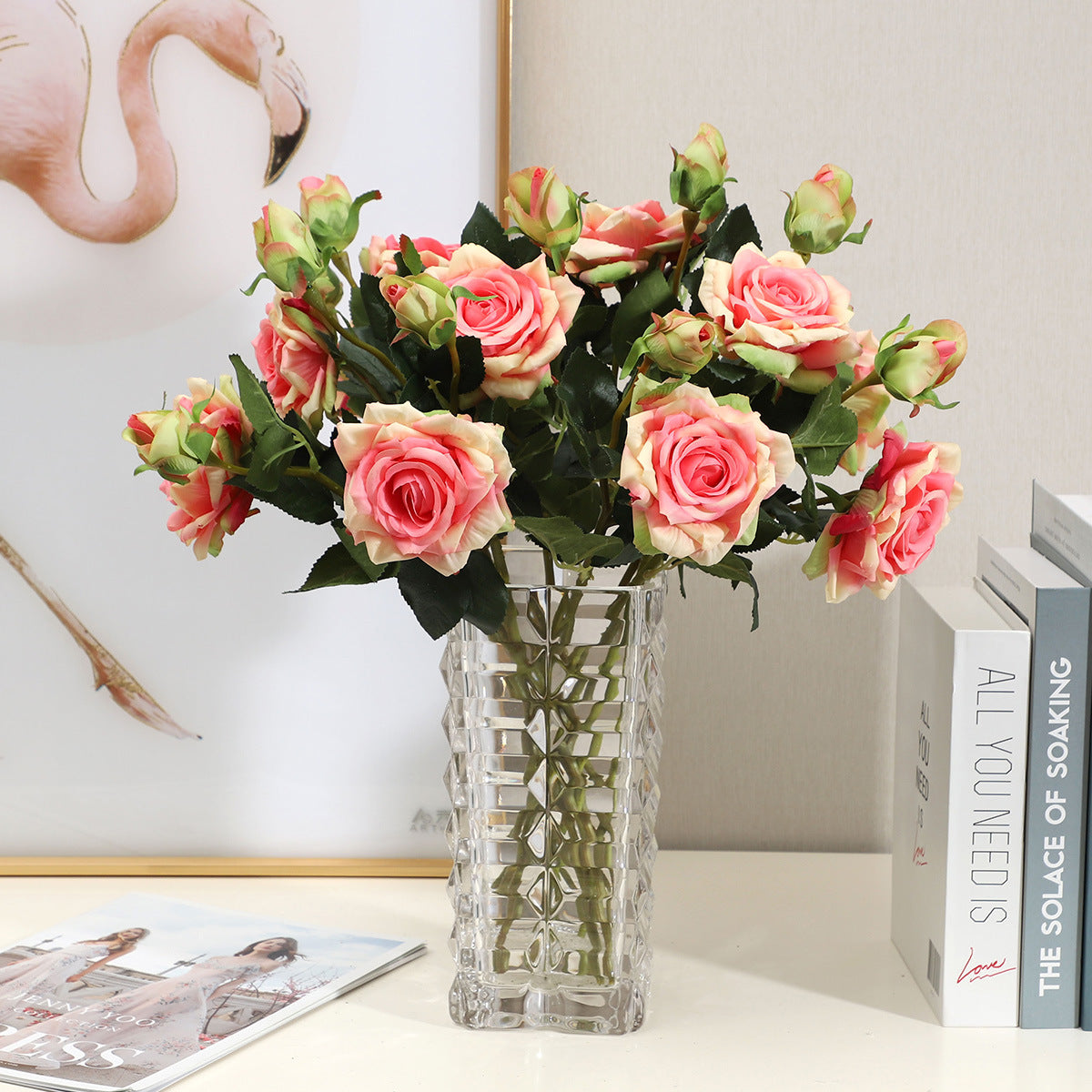 Luxurious Two-Head Rose Bouquet - Realistic Faux Flowers for Elegant Home and Hotel Decor in Living Room and Bedroom