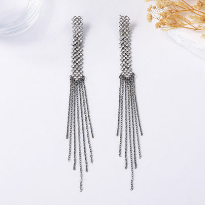 Exquisite Lightweight Luxury Alloy Geometric Rhinestone Tassel Long Dangle Earrings - Versatile Statement Pieces for Evening Events and Parties