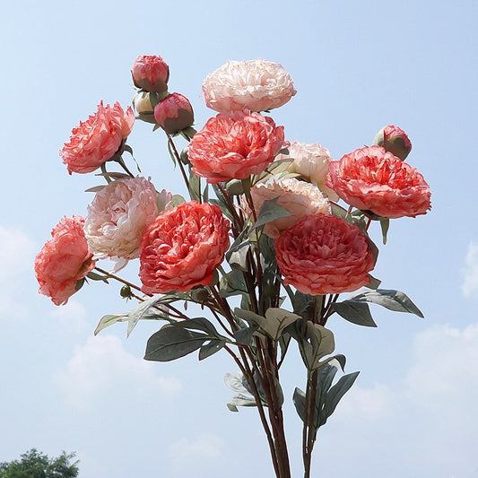 Elegant Single Stem Court-Style 3-Head Peony Faux Flowers with Burnt Edges - Perfect for Weddings, Photographic Studios, Home Decor, and Floral Arrangements