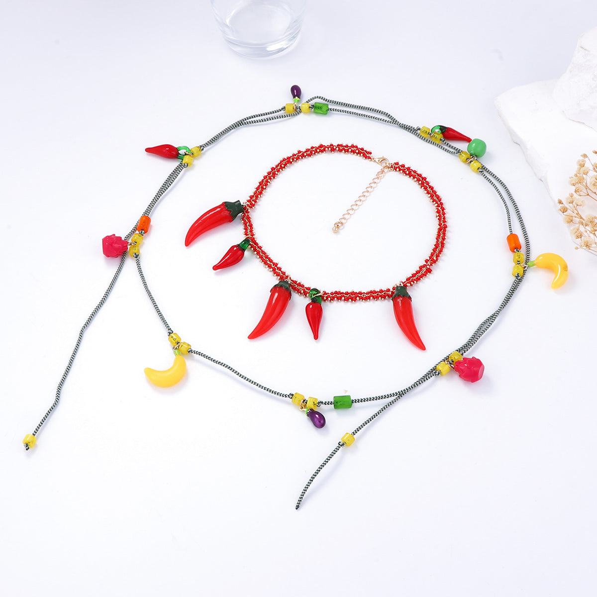 Bold Ocean-Inspired Red Chain Chili Pepper Pendant Necklace - Double Layered Fruit Charm for Trendy Statement Style