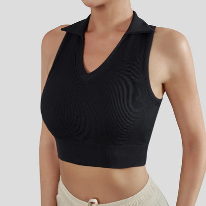 All in One Sports Ribbed Top Breathable Sports Bra Innovative Knit Yoga Apparel with Collared Design for Comfort and Flexibility