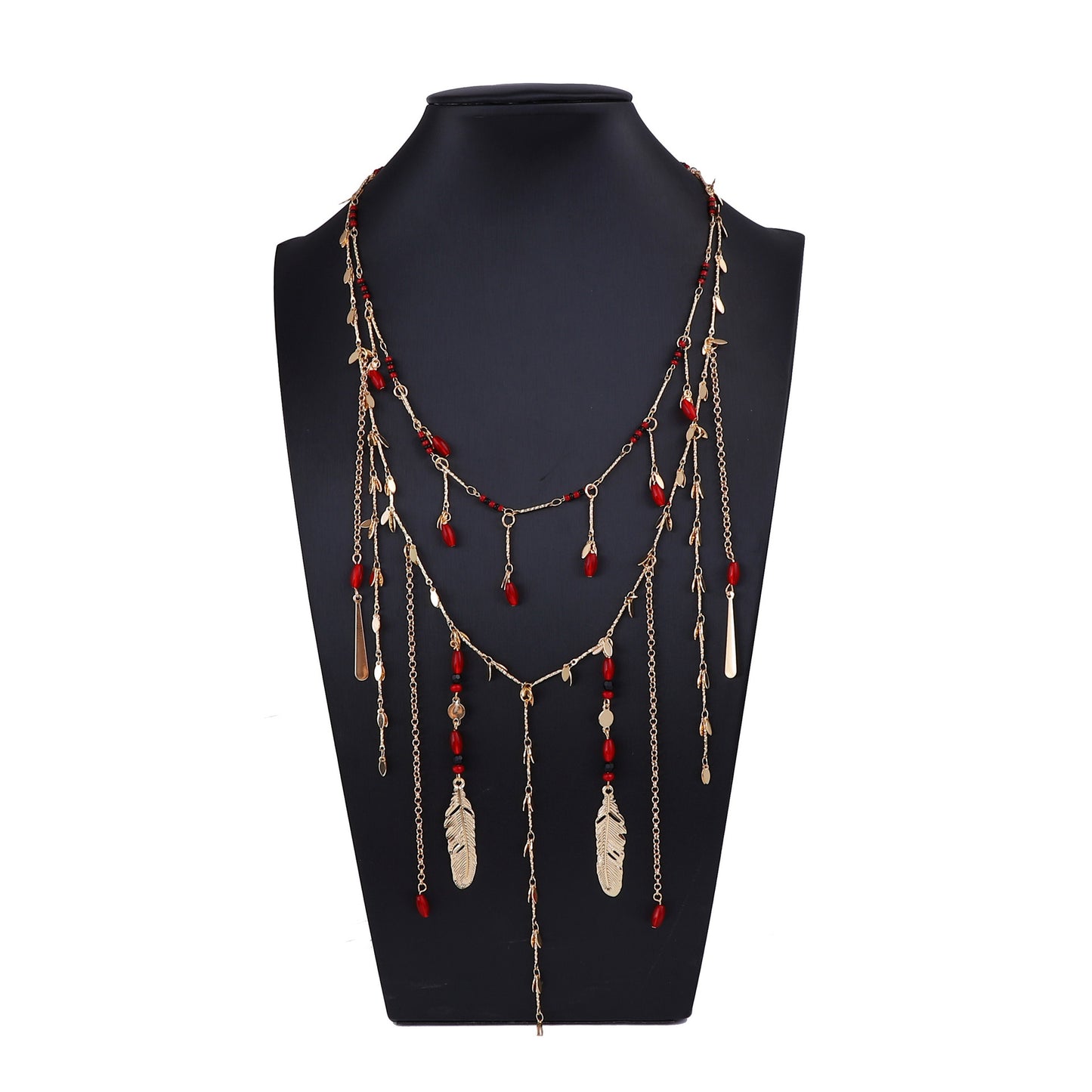 Elegant Layered Double-Strand Chain Necklace with Metal Leaf and Beaded Tassel Pendant - Perfect for Chic Women’s Fashion