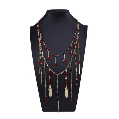 Elegant Layered Double-Strand Chain Necklace with Metal Leaf and Beaded Tassel Pendant - Perfect for Chic Women’s Fashion