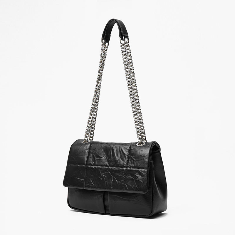 Korean Inspired Chain Handle Crossbody Bag Grain Leather Spacious Design and Unique Style for Everyday Use