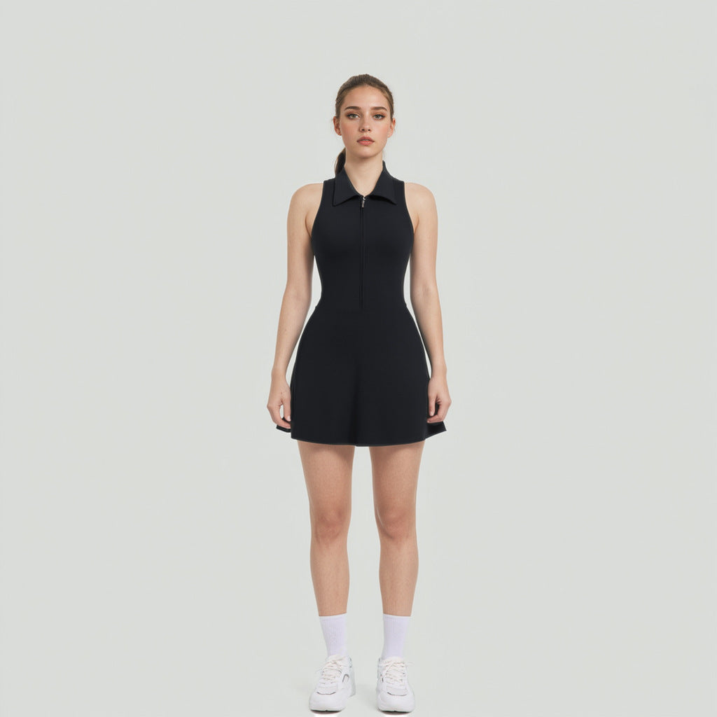 High Waisted Zip Front Tennis Dress with Collar Shaping Yoga Jumpsuit for Sporty Elegance and Comfort