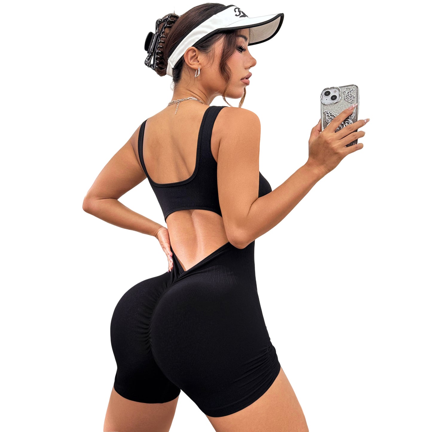 Seamless Women's Yoga Bodysuit Ribbed V Shaped Back Design No Padding Short Crop Top for Comfort and Flexibility in Every Workout