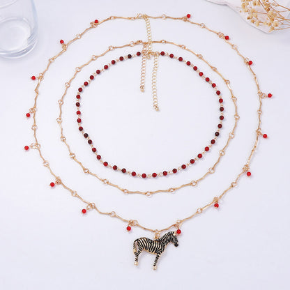 Chic Layered Beaded Chain Necklace with Alluring Zebra Pendant – Stylish and Affordable Luxury Design for Fashion-Forward Women