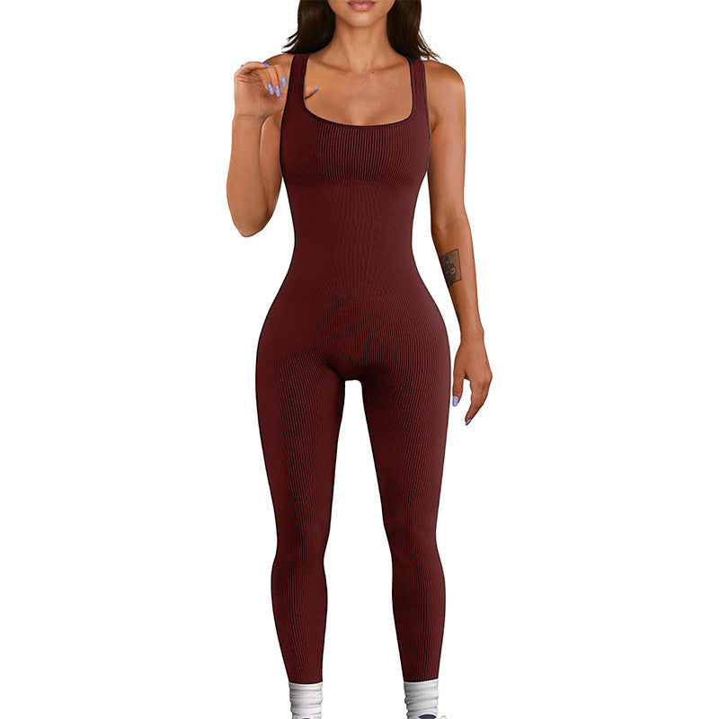 Seamless Stretchy High Waisted Butt Lifting Ribbed Jumpsuit for Yoga Fitness and Active Lifestyle