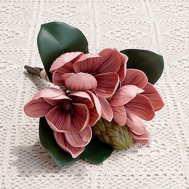 Elegant Hand-Painted Classic 4-Stem Artificial Magnolia Flowers - Perfect for Home Décor, Hotels, Weddings, and Photography - Realistic Floral Arrangement for Lasting Beauty