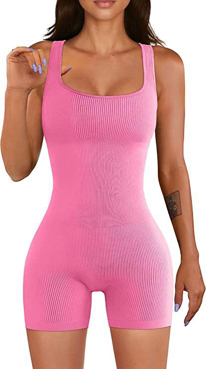 Seamless Ribbed V Back Yoga Jumpsuit Women's Sleeveless Bodysuit for Outdoor Fitness Activewear and Comfort