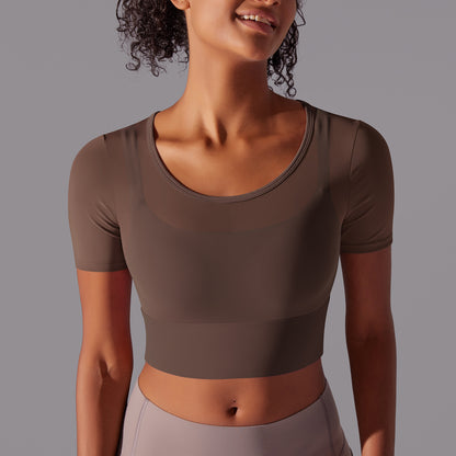 Classic Layered Mesh Sports Bra with Double Sleeves for Running Fitness and Yoga