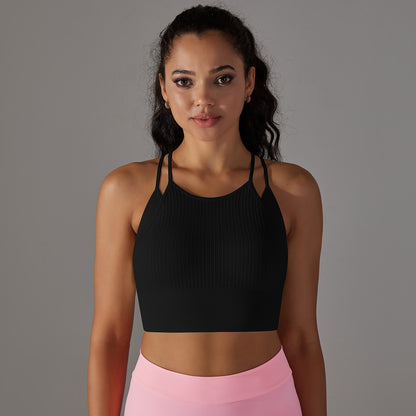 Seamless Knit Double Strap Beautiful Back Sports Bra for Women Breathable Lightweight and Yoga Top with Ribbed Design