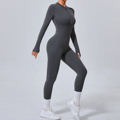 Form Fitting Women s Sports Bodysuit Without Cup Padding Long Sleeve Yoga Jumpsuit with Thumb Holes and Half Zip Front for Gym and Fitness Classes Model 5025