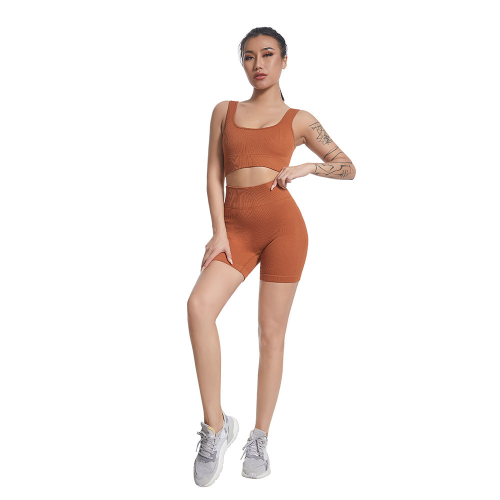 Seamless V Neck Ribbed Yoga Outfit Set for Women Striped Sports Bra and High Waisted Compression Shorts for Comfort and Flexibility