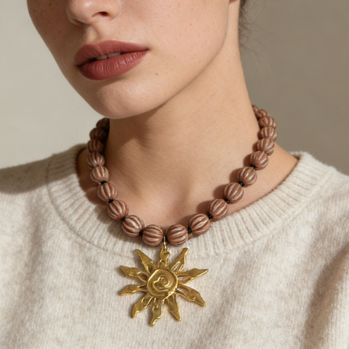 Stylish Minimalist Alloy Sunflower Pendant Necklace with Beads - Perfect Everyday Jewelry for Work and Casual Outfits