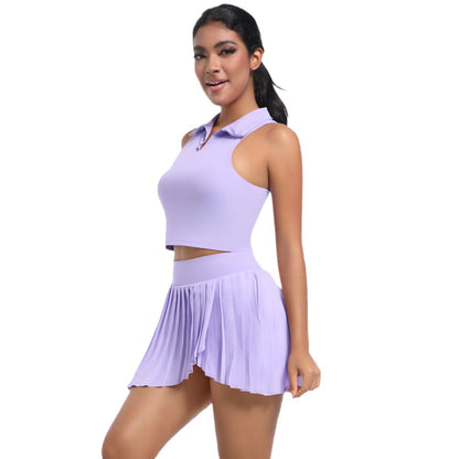 Breezy Solid Color Polo Style Vest with Pleated Mini Skirt Set for Running Fitness and Yoga Workouts