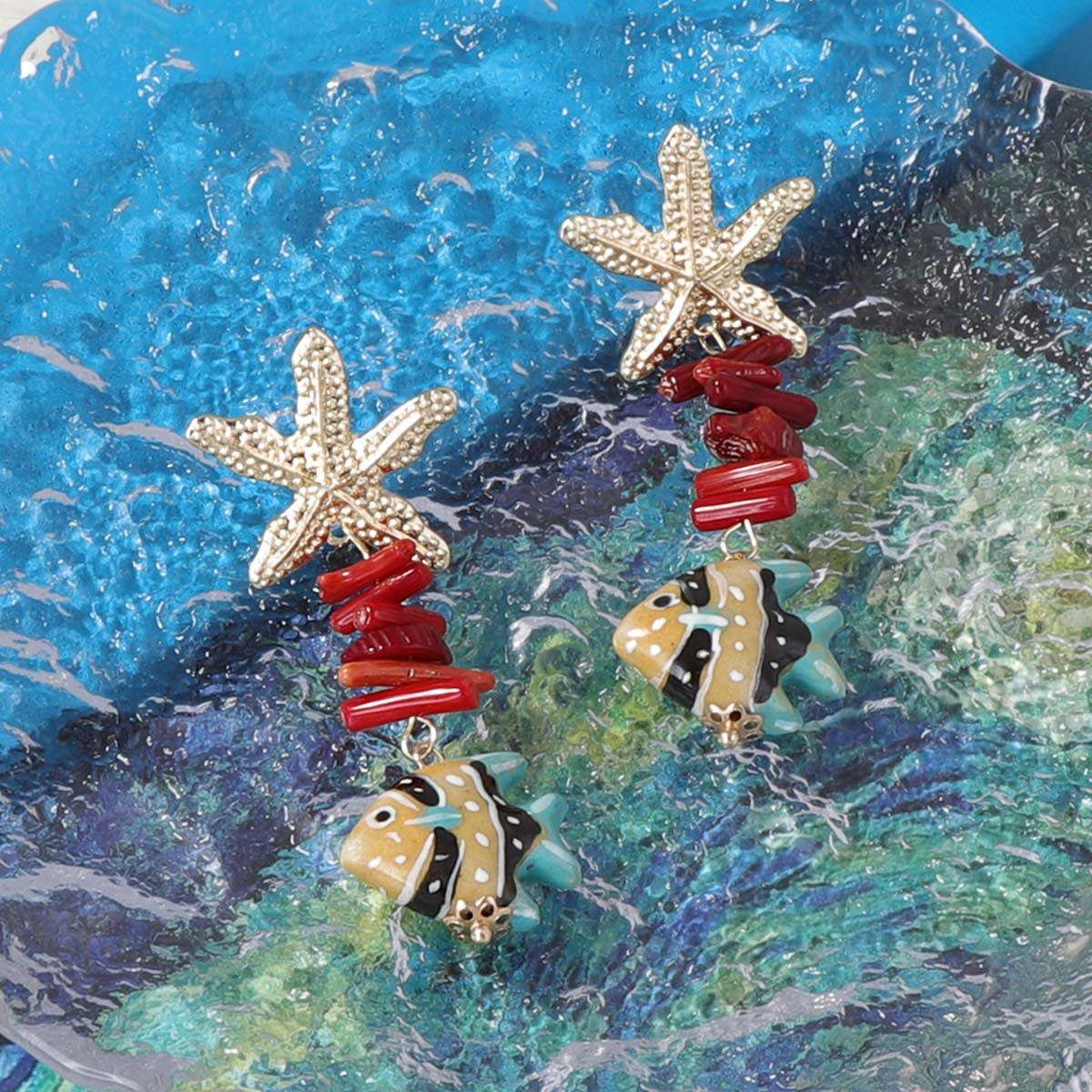 Stylish Summer Ocean-Inspired Alloy Starfish and Seashell Long Earrings with Colorful Fish - Trendy Unique Jewelry for Women