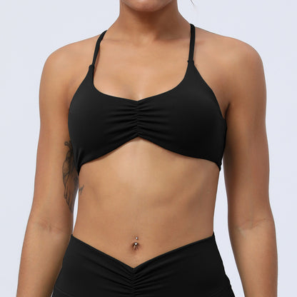 Y Back Sports Bra with Delicate Straps and Ruching for Indoor Training Yoga and Fitness Workouts