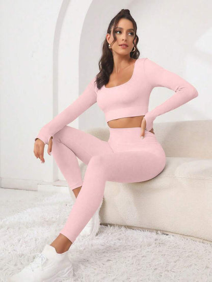 Seamless Workout Yoga Long Sleeve Set for Women High Waist Butt Lifting Ribbed Leggings Top Combo for Comfort and Style