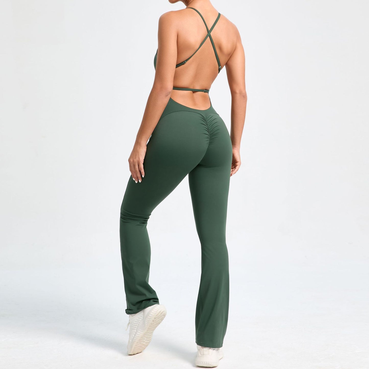 Adjustable Strap Beautiful Back Bodysuit for Peach Butt Yoga Jumpsuit and Fitness Wear with Flared Legs for Comfort and Flexibility