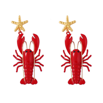 Stylish Coastal Beach Earrings with Unique Design – Long Mustache Painted Lobster & Starfish Dangle Earrings for Women