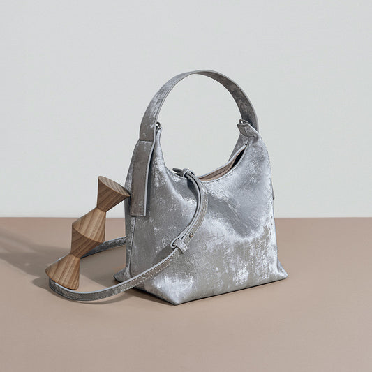 Chic Satin Lunch Box Tote Bag Gradient Design with Genuine Leather Accents for Every Occasion