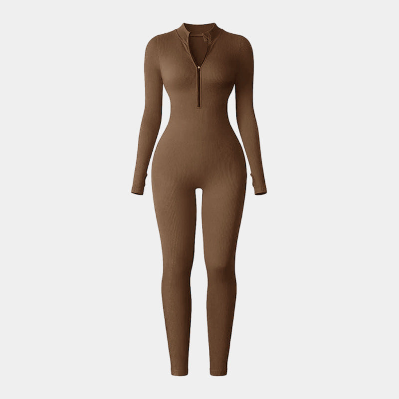 Sleek and Women s Half Zip Bodysuit Jumpsuit with Thumb Holes Long Sleeves and Lifting Design for Chic Casual or Workout Wear