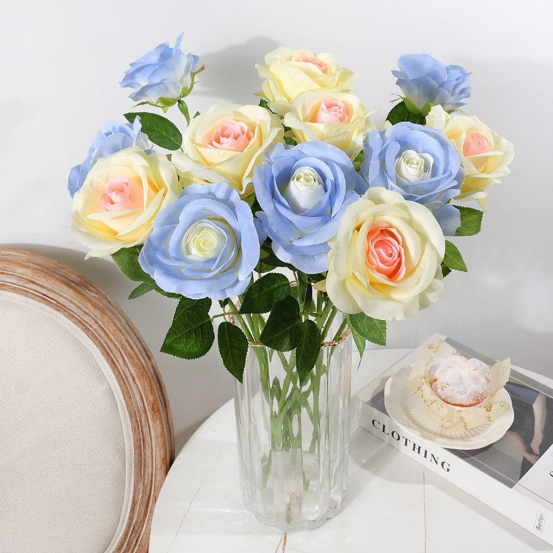 Realistic Ice Blue Rose Silk Flowers - Elegant Faux Floral Arrangement for Living Room Décor, Wedding Celebrations, and High-Quality Photography Props