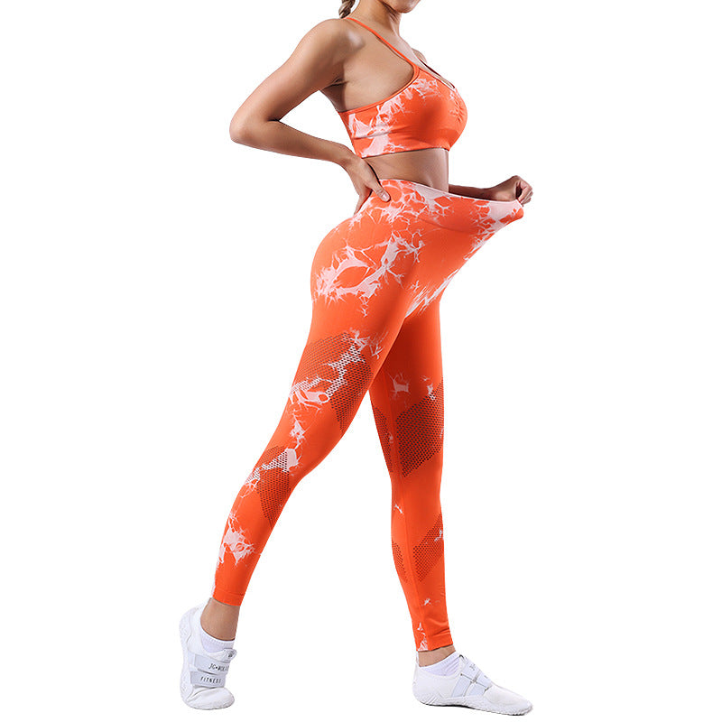 Quick Drying Tie Dye Seamless Yoga Set for Women Cami Sports Bra with Butt Lifting High Waist Leggings for Comfortable Workouts