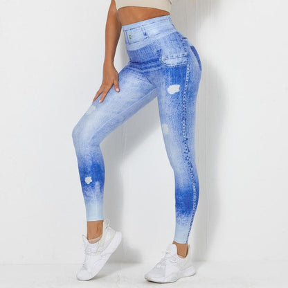 Digital Print High Elastic Quick Dry Yoga Leggings for Women Denim Blue Compression Pants for Running Fitness and Activewear